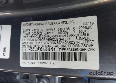 2019 Honda Accord Ex-L 2.0T z USA, uszkodzony, nr VIN 1HGCV2F50KA019756